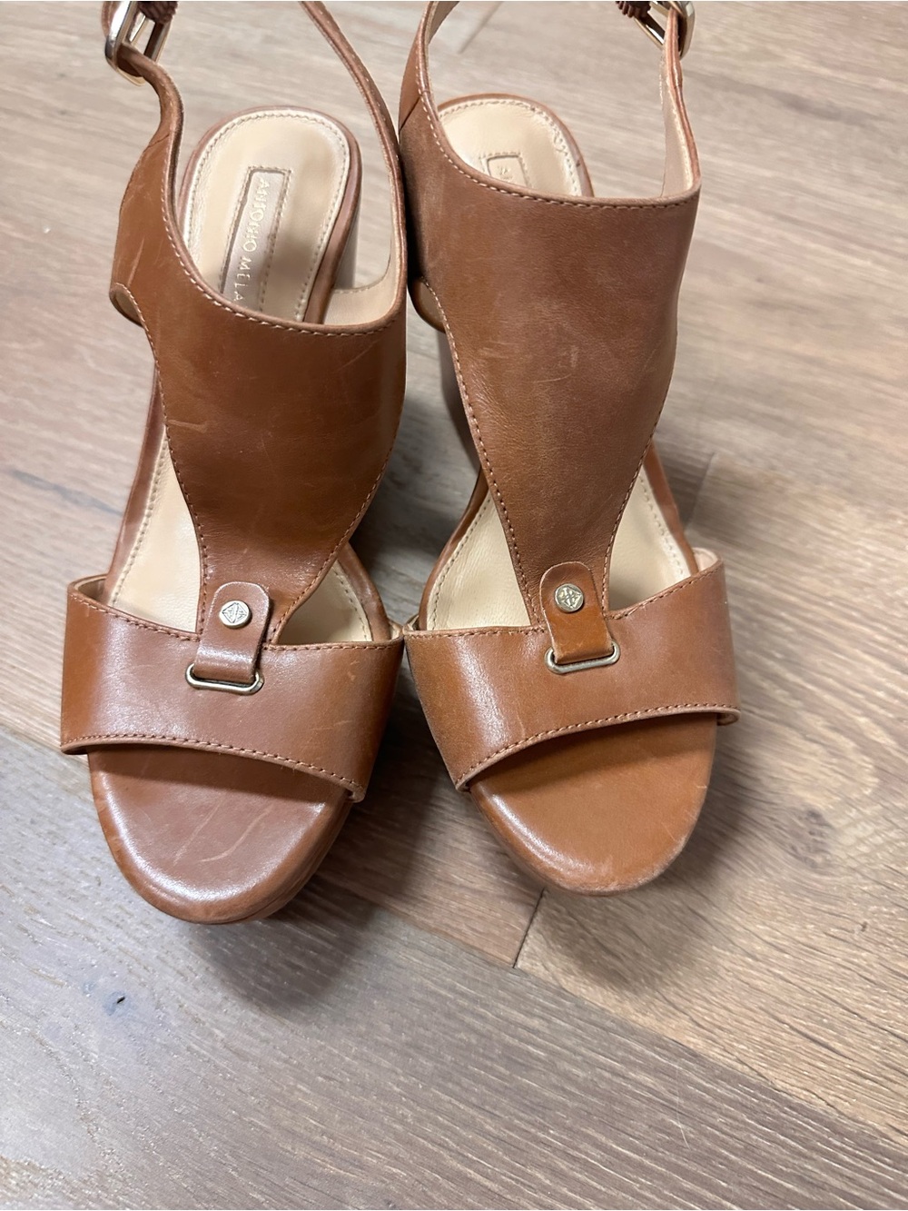 Franco Sarto Tan Leather T-Strap Slingback Sandals
